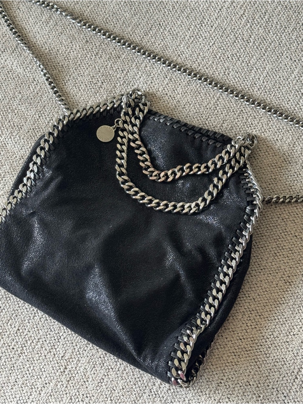 Stella McCartney Black Faux-Leather Falabella with Silver Chain Trim